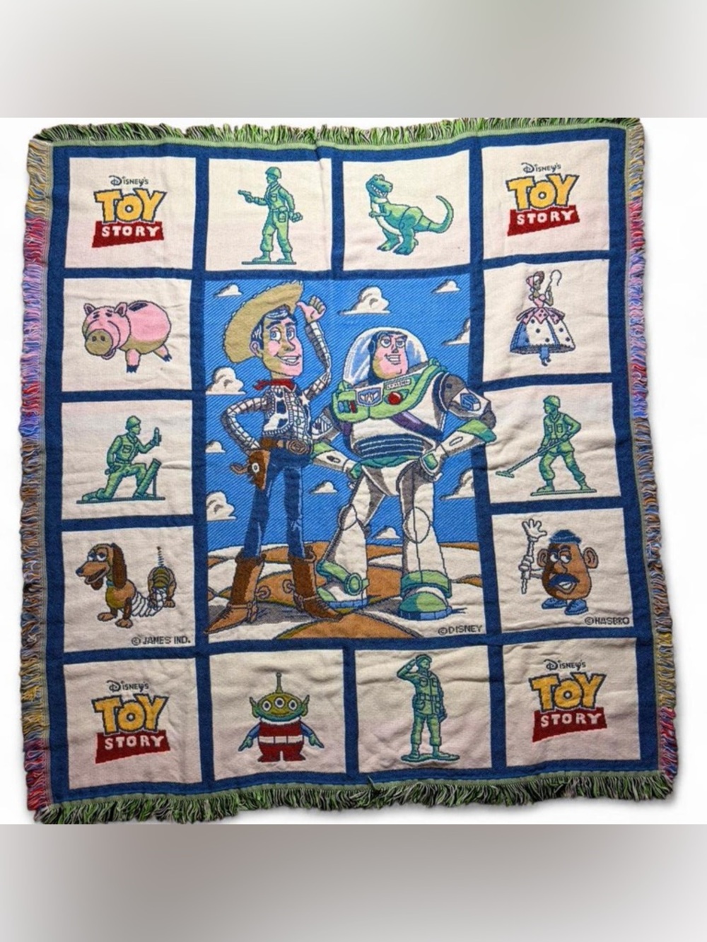 Vintage Disney Pixar Toy Story Fringe Blanket 56” x 48” Throw Kidcore Woody Buzz